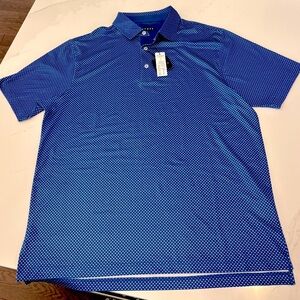 Size Med., but fits more like a large. Dark royal blue w/ pattern